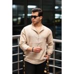 Valiberta Hafif ve Nefes Alabilir Erkek Müslin Yarım Pat Hakim Yaka Oversize Gömlek- Açık Bej - XL