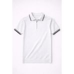 Valiberta Jared Yakası Şeritli Dik Çizgili Yarım Fermuar Ince Triko Erkek T-Shirt - Beyaz