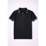 Valiberta Jared Yakası Şeritli Dik Çizgili Yarım Fermuar Ince Triko Erkek T-Shirt - Siyah - XL