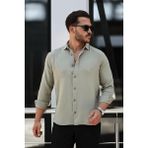 Valiberta Nefes Alabilir Yarım Oversize Müslin Kumaş Uzun Kol Yakalı Erkek Gömlek - Açık Haki - XL