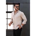 Valiberta Nefes Alabilir Yarım Oversize Müslin Kumaş Uzun Kol Yakalı Erkek Gömlek - Bej - XL