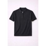 Valiberta Ritchie Fermuarlı Polo Yaka Dikey Çizgili Kısa Kollu Ince Triko Erkek T-Shirt - Siyah