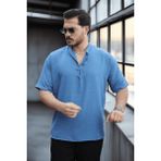 Valiberta Wes Oversize Yarım Pat Bambu Kısa kol Gömlek - Mavi - Saks