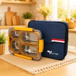 Valkyrie 304 Paslanmaz Çelik 4 Bölmeli Sarı Lunch Box Termal Çantalı – Sızdırmaz Beslenme Kabı, Çatal Kaşık Dahil