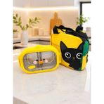Valkyrie 304 Paslanmaz Çelik Çocuk Beslenme Kabı Kedili Termal Çantalı 2 Bölmeli Lunch Box Yemek Kabı - Sarı - 0,50 lt