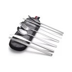 Valkyrie 8 Parça Çantalı Yolculuk Çatal Bıçak Kaşık Pipet Chopstick Seti Kamp Okul Ofis Tatil Paslanmaz Çelik Metal Metalik
