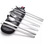Valkyrie 8 Parça Çantalı Yolculuk Çatal Bıçak Kaşık Pipet Chopstick Seti Kamp Okul Ofis Tatil Paslanmaz Çelik Metal