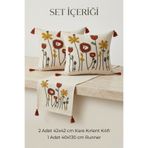 Valmia Home 3'lü Dekoratif Punch Nakışlı Püsküllü Kırlent Kılıfı ve Runner Seti - Boho Çiçek Desenli