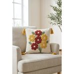 Valmia Home Bohem Çiçek Buketi Desenli Püsküllü Punch Kırlent Kılıfı 42x42 cm - Renkli Papatya Yastık Kılıfı