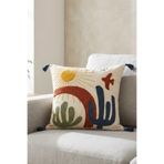 Valmia Home Buldan işi Güneş ve Kaktüs Desenli Punch Kırlent Kılıfı 42x42 cm - Püsküllü Bohem Yastık