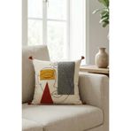 Valmia Home Buldan İşi Püsküllü Kırlent Kılıfı | Kabartma Soyut Yüz Motifli Modern Sanat - 42x42 cm