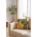 Valmia Home Dekoratif Punch Nakışlı Püsküllü Kırlent Kılıfı 42x42 cm - Yeşil Hardal Yaprak Desenli Bohem Yastık