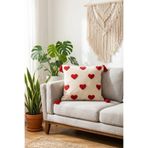 Valmia Home Kırmızı Kalp Desenli Punch Kırlent Kılıfı 42x42 cm - Püsküllü Kabartma Dokulu Yastık