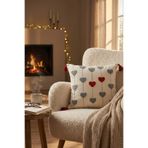 Valmia Home Sıralı Kalpler Desenli Punch Nakışlı Püsküllü Kırlent Kılıfı 42x42 cm - Gri Kırmızı Dekoratif Yastık