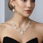 Valmont Accessories Hürrem Model Janjan Taşlı Kolye Küpe Takı Seti - Gelin Düğün Nişan Abiye Set - 45 cm - Beyaz