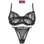 Valunor Kadın Iç Çamaşır Takımı Glam Siyah Askılı Dantelli Çiçekli Balenli Sütyen Takımı Bralet ve Tanga - 90B