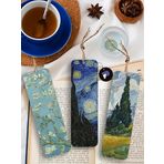 Van Gogh Metal Kitap Ayracı Seti - Üçlü Sanatsal Tasarım - Yıldızlı Gece, Badem Ağacı, Selviler - Kitap Severler ve Sanatseverler İçin Hediye