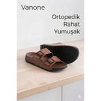 VANONE Rahat Erkek Deri (SUNİ) Ortopedik Yumuşak Taban Dikişli Şık Ev Dışarı Erkek Terlik