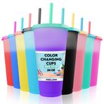 VASOLERIA Kapaklı ve Pipetli Renk Değiştirme Bardakları 9 adet, 24 oz - 9 Çoklu Renkte Kapaklı Yeniden Kullanılabilir Bardaklar - Soğuk Kahve, Smoothie için Mükemmel - Bonus 2 Bardak Temizleme Fırçası