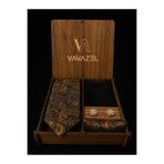vavazel Siyah Gold Şal Desenli Kravat Seti Ahşap Kutulu Mendil Kol Düğmesi Çorap Lüks Hediye Seti
