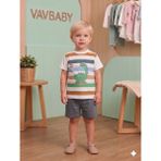 Vavbaby Erkek Çocuk Dinazor Baskılı Çizgili Kısa Kollu Tişört ve Şort Takım - Gri - 1 Yaş