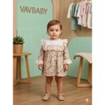 Vavbaby Kız Bebek Fisto Yaka Detaylı Uzun Kollu Dantelli Gül Desenli Vintage Elbise - 6 - 9 Ay - Bej