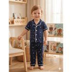 Vavbaby Kız ve Erkek Çocuk Pamuklu Kruvaze Yaka Önden Düğmeli Yıldız Desenli Mevsimlik Alt Üst Pijama Takım (Lacivert) - 12 - 18 Ay