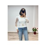 VAZIRADK Kolu Tüllü Bel Tokalı Bluz Beyaz S