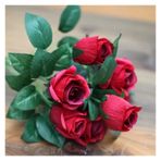 Vazolu Yapay Çiçekler Faux Flowers Wedding Flowers Small Bouquet 7 Heads Silk Roses Fake Artificial Flowers Bouquet Wedding Home Party Holiday Rose Decoration Yapay Çiçekler(Red)