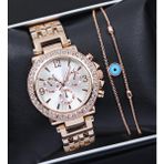 Vega Gift Shop Rose Renk Taşlı Kadın Kol Saati & Rose Renk Nazar Boncuğu Bileklik Hediye Seti - Rose Gold
