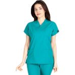 Vehbi Kadın Doktor Hemşire Forması Scrubs Likralı Esnek Kumaş Hastane Nöbet Tek Üst (Zarf Yaka Yarasa Kol) - 3XL - Yeşil