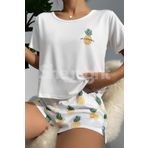 Veille Kadın Pijama Takımı Şortlu Kısa Kollu Pamuklu Ananaslı Gecelik Sabahlık Takımı
