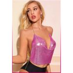 Veille Kristal Taşlı Parlak Crop & Bluz Kolsuz Kayık Yaka Parti Plaj Büstiyer - Fuşya - Standart