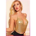 Veille Kristal Taşlı Parlak Crop & Bluz Kolsuz Kayık Yaka Parti Plaj Büstiyer - Gold - Standart