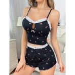 Veille Yumuşak Kumaşlı Çiçekli Şortlu Dantelli Gecelik Takımı, Rahat ve Şık Ev Giyim,kadın Pijama - Siyah - XL