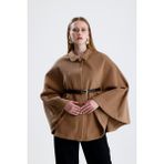 Velizade Kadın Kaşe Yarasa Kol Pelerin Panço Deri Kemer Detaylı Polo Yaka Broş Düğmeli Kışlık Ceket Tesettür - XL - Camel