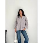 Velmora Fashion Arkası Asimetrik Yırtmaç Kesim Detaylı Cizgili Bluz Gömlek - Gri -