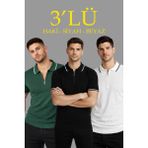 Velmora Fashion Erkek 3 Lü Paket Dokuma Triko Fermuarlı Yakalı Fitilli Kısa Kollu Regular Fit Tişört - Beyaz, Haki, Siyah - Beyaz - Haki - Siyah