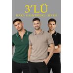 Velmora Fashion Erkek 3 Lü Paket Dokuma Triko Fermuarlı Yakalı Fitilli Kısa Kollu Regular Fit Tişört - Kahverengi, Haki, Siyah - Haki - Beyaz - Siyah