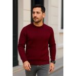 Velmora Fashion Erkek Bisiklet Yuvarlak Yaka Triko Kazak Pamuklu Kalın Fitilli Dokuma, Regular Fit Uzun Kollu Kışlık Model - Bordo