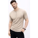 Velmora Fashion Erkek Kısa Kol Fitilli Triko T-Shirt Yazlık Hakim Yaka Tişört - Bej - 2XL