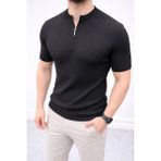 Velmora Fashion Erkek Kısa Kol Fitilli Triko T-Shirt Yazlık Hakim Yaka Tişört - Siyah - XL