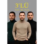 Velmora Fashion Fitilli Triko Kazak 3'lü Set Bej Haki Siyah Regular Balıkcı Yaka Tam Boğazlı Triko Seti Modeli Kazak - Çok Renkli - 2XL