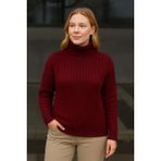 Velmora Fashion Kadın Balıkcı Yaka Bağazlı Triko Kazak Pamuklu Kalın Fitilli Dokuma - Bordo - XL