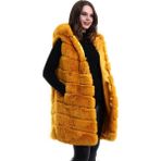 Velmora Fashion Kadın Kapşonlu Peluş Kürk Yelek Premium Kalite, Tam Astarlı, Uzun Model - Sarı - Regular Fit - 2XL