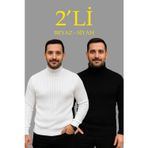 Velmora Fashion VF-Erkek Fitilli Triko Kazak 2'li Set Beyaz Siyah Regular Balıkcı Yaka Tam Boğazlı Triko Seti Modeli Kazak