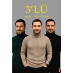 Velmora Fashion VF-Erkek Fitilli Triko Kazak 3'lÜ Set Bej Haki Siyah Regular Balıkcı Yaka Tam Boğazlı Triko Seti Modeli Kazak