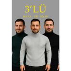 Velmora Fashion VF-Erkek Fitilli Triko Kazak 3'lÜ Set Gri Haki Siyah Regular Balıkcı Yaka Tam Boğazlı Triko Seti Modeli Kazak