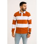 Velmora Fashion VF-Polo Yaka Uzun Kollu Çizgili Sweatshirt Trend Rugby Stil - Turuncu