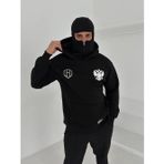 Velmora Fashion VF-Samuray Ninja Çift Kapşonlu ZIP Fermuarlı Kanguru Çepli Tam Fermuarlı Hoodie ön ve Arka Baskılı Maske Detaylı sweatshirt - Siyah